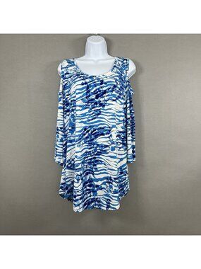 JM Collection Blue White Print Scoop Neck 3/4 Cold Shoulder Top